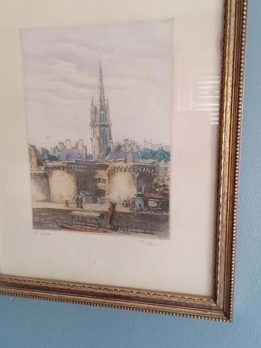 V. Carre St Malo Signed Etching Hand Colored Framed Vintage French Cityscape Art